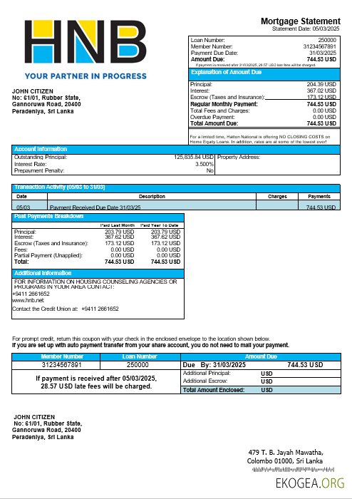Relevé hypothécaire de la Sri Lanka Hatton National Bank aux formats Word et PDF